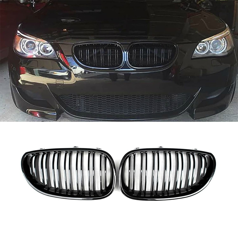 E60 Nieren Schwarz Kühlergrill Streifen passend für BMW 5er E60 E61 M5 2003–2009 E60 E61 Grill Nieren Kühlergrill Vorne(Doppellamellen glänzend schwarz)
