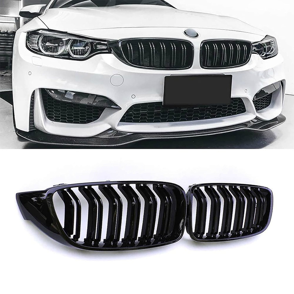 F32 Frontniere Kühlergrill Kompatibel für BMW 4er Serie F32 F33 F36 2013-2018 F82 F83 M4 F80 M3 2015-2019 Glanzschwarz Doppelstege