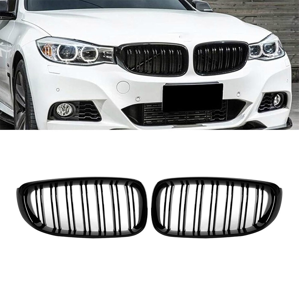 Passend für BMW 3er F34 GT F34 2013-2018 Doppelsteg Front Nieren Kühlergrill Gitter Schwarz Glanz Kühler Front Doppel Rippen Grill Links Rechts