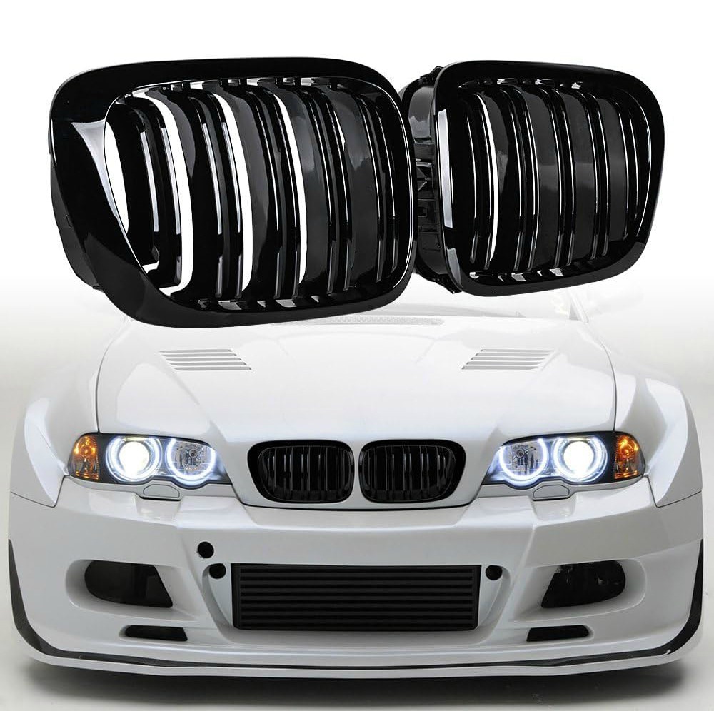 E46 Kühlergrill Passend für BMW 3er E46 2 Door 325Ci 330Ci Cabrio Coupe 2türen nieren Glanz Schwarz Grill Doppelsteg Sport Kühlergrill 1998 1999 2000 2001 2002