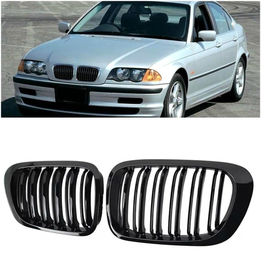 E46 Nieren Schwarz, Kühlergrill Passend für BMW 3er E46 318i 320i 325i 330i Grill 4 Door 4D Facelift Grill Glanz Schwarz Doppelsteg Sport Kühlergrill 1998-2001