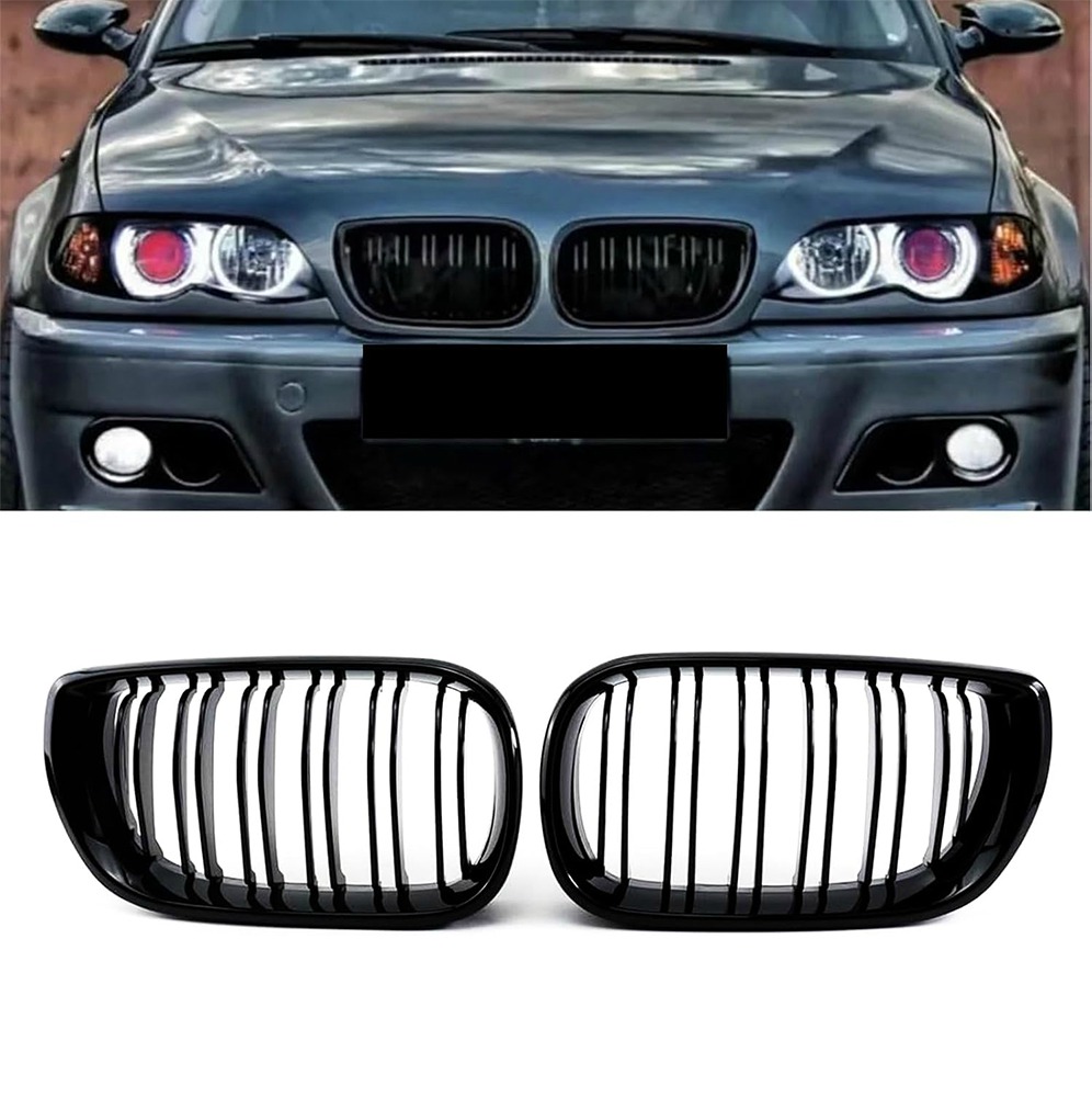 E46 Nieren Schwarz, Kühlergrill Passend für BMW 3er E46 318i 320i 325i 330i Grill 4 Door 4D 2002-2005 LCI Facelift Grill Glanz Schwarz Doppelsteg Sport Kühlergrill